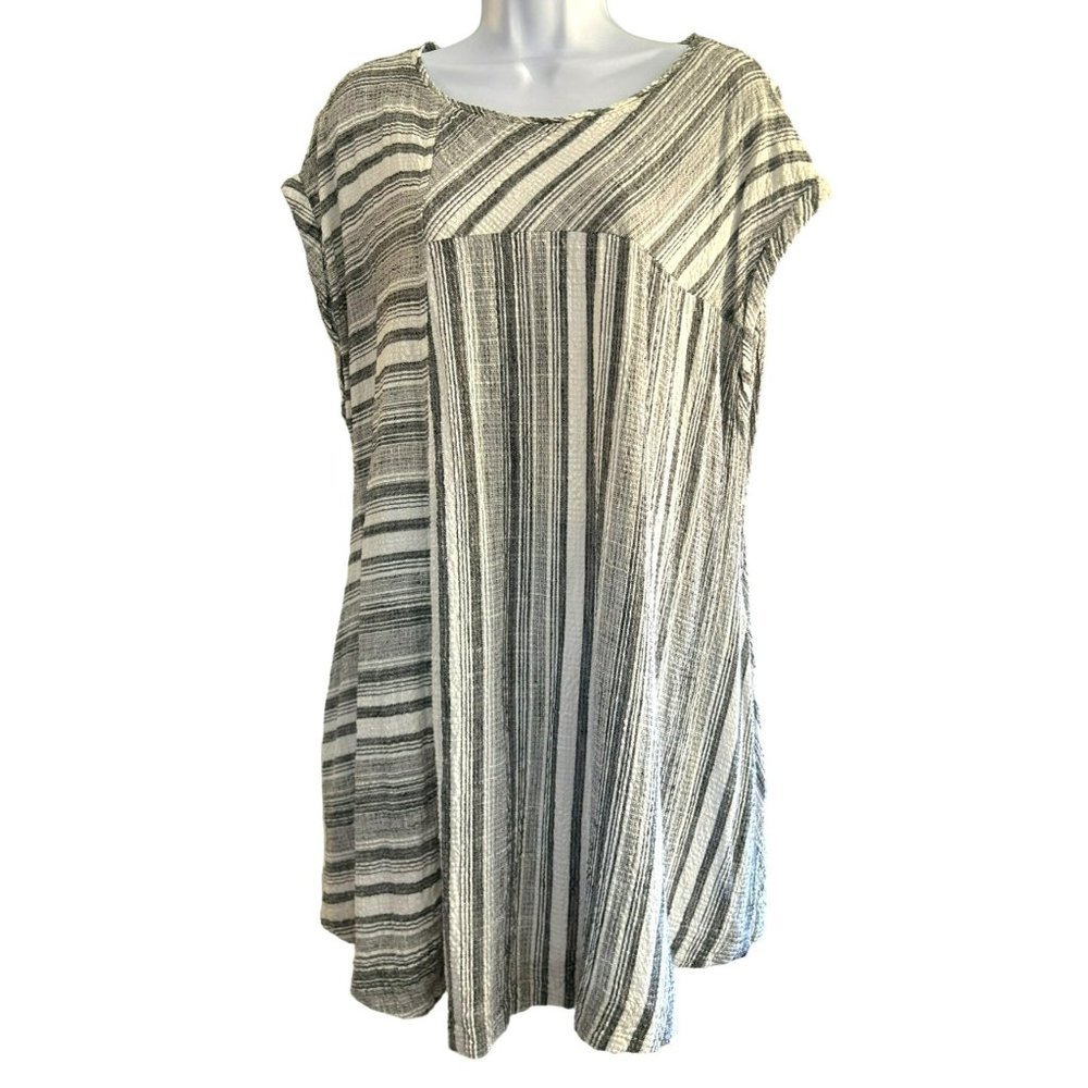 Free People Women's Black White Linen Blend Short Sleeve Pullover Beach Dress